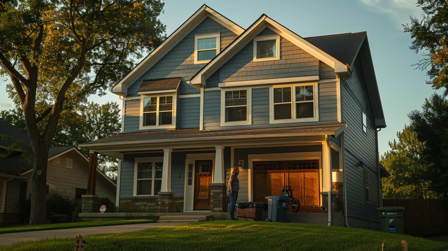 a confident homeowner inspects a beautifully installed siding on a charming omaha house, showcasing the expert craftsmanship and vibrant colors under a warm afternoon light. a confident homeowner inspects a beautifully installed siding on a charming omaha house, showcasing the expert craftsmanship and vibrant colors under a warm afternoon light.