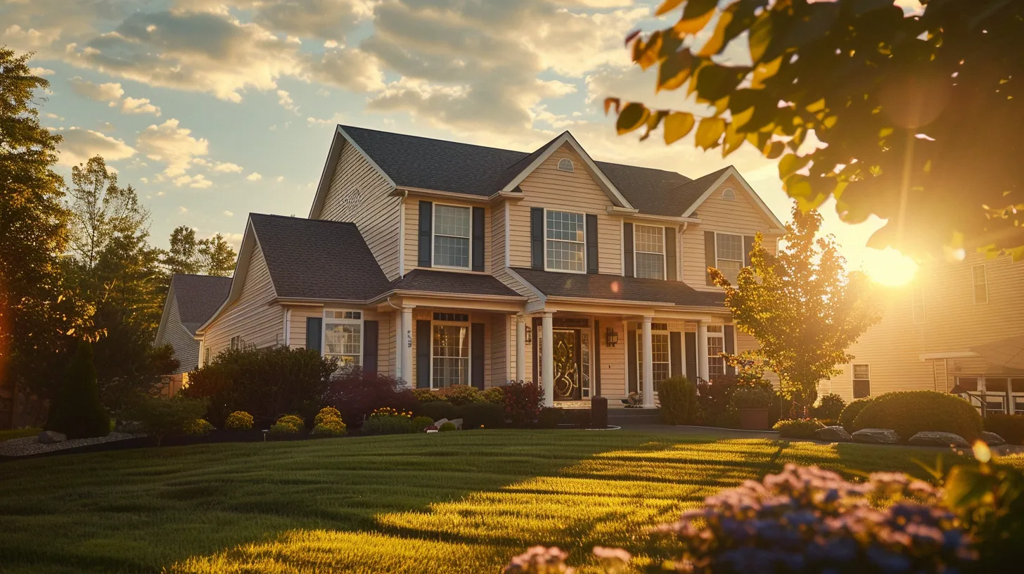 a radiant suburban home showcases freshly installed siding, highlighting its durability and elegance under soft, golden sunlight, while a friendly contractor discusses warranty and aftercare options with a satisfied homeowner. a radiant suburban home showcases freshly installed siding, highlighting its durability and elegance under soft, golden sunlight, while a friendly contractor discusses warranty and aftercare options with a satisfied homeowner.